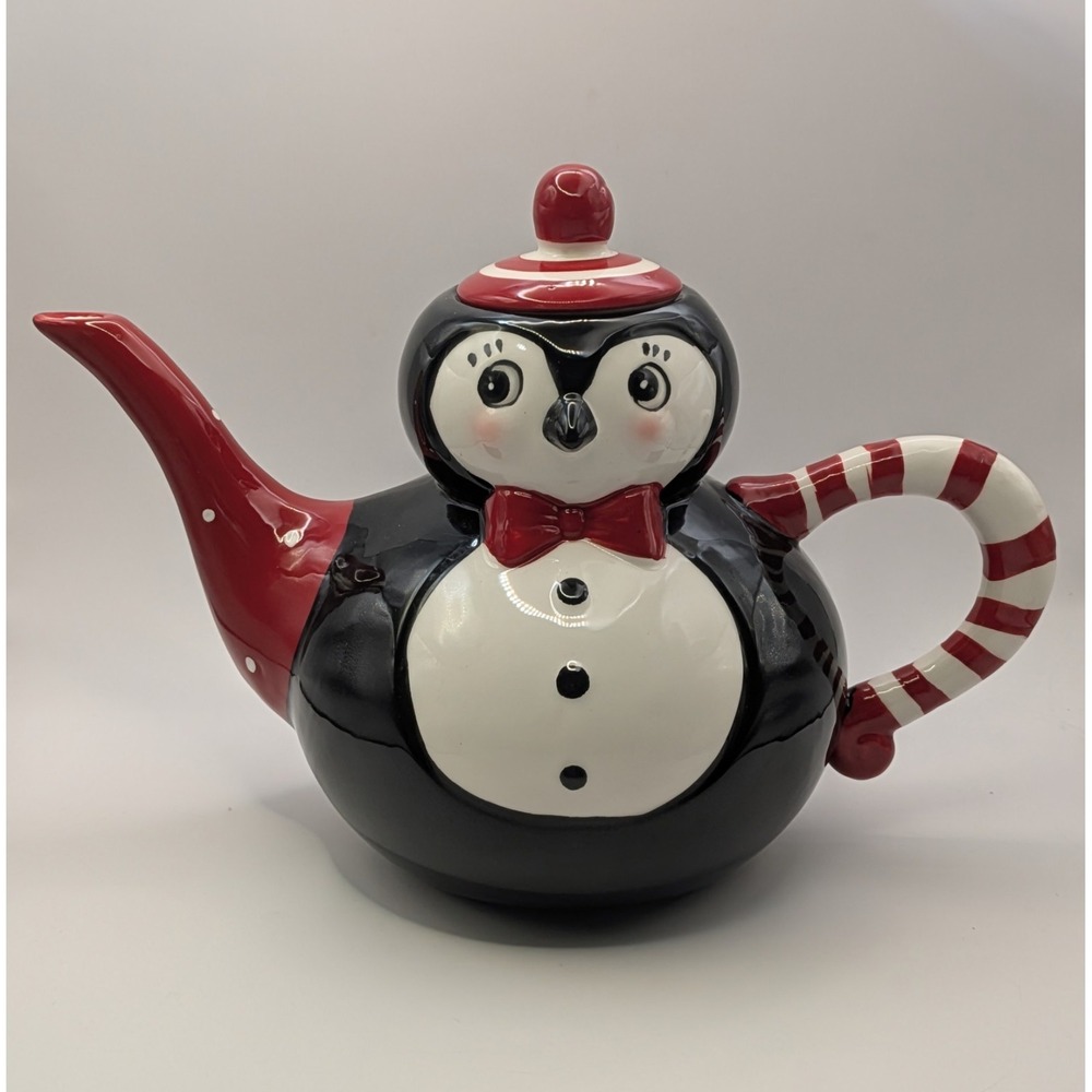Johanna Parker  Carnival Cottage Ceramic Peppermint Penguin Christmas TEAPOT